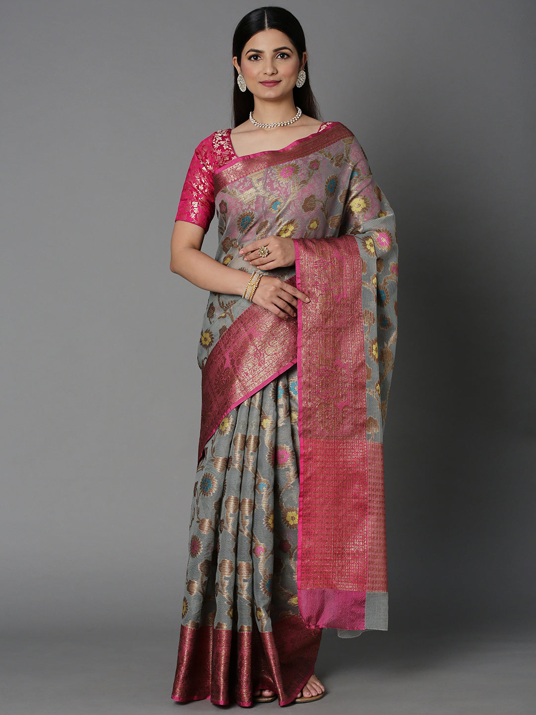 Featuring A Sheer Grey Saree With Multi Colored Floral Motifs All Over