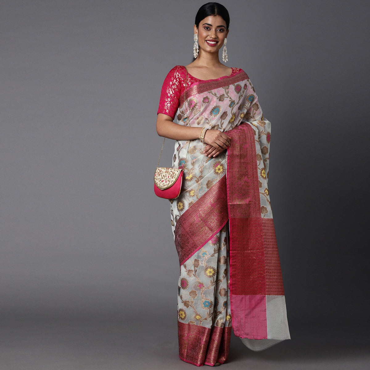 Featuring A Sheer Offwhite Saree With Multi Colored Floral Motifs All Over