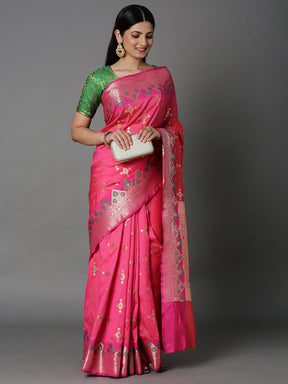 Features A Bold Silk  Blend Saree With Jacquard Ethnic Buttis All Over In Gold