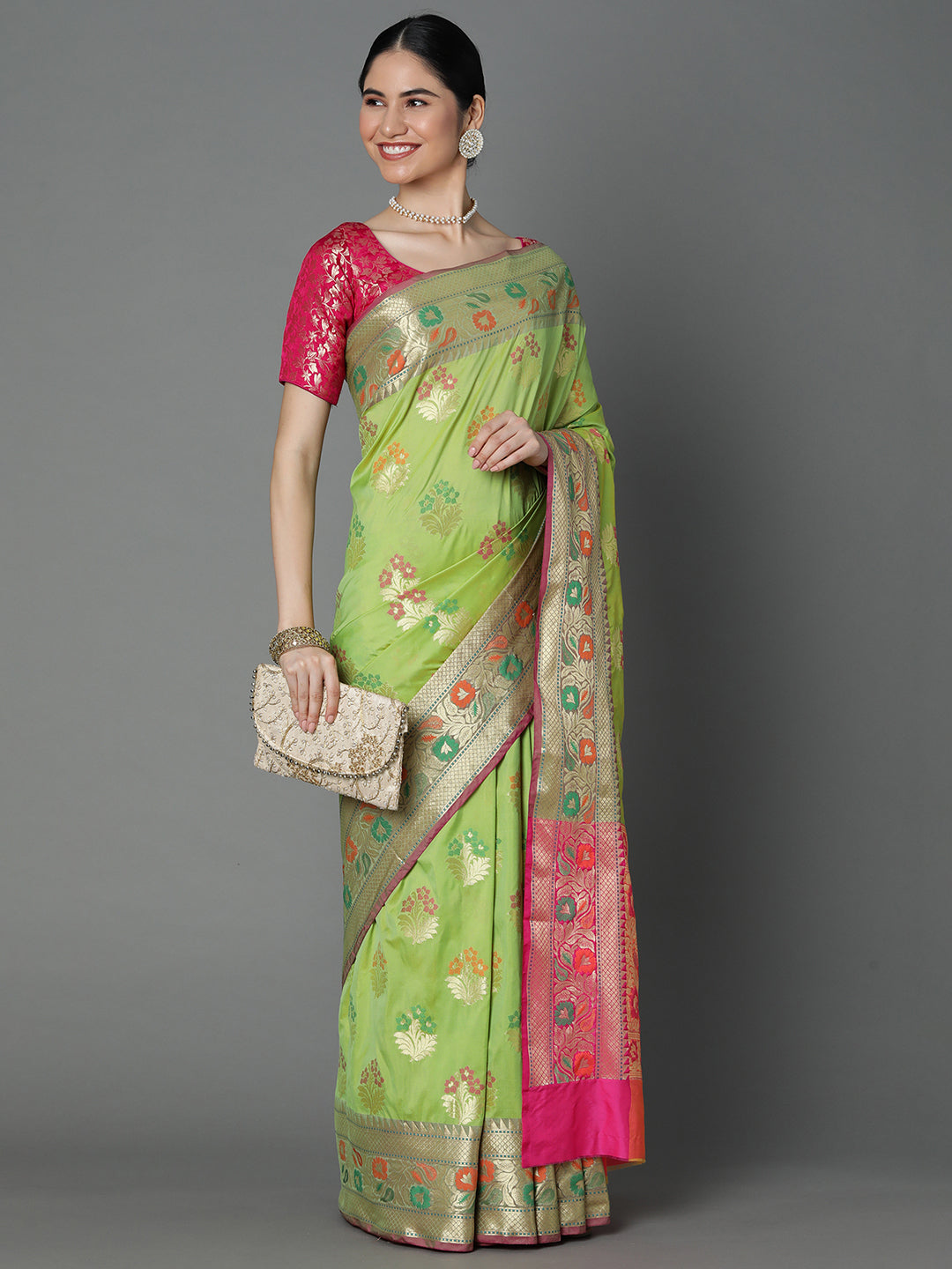 Adorn This Splendid Silk Blend Saree With Multi Color Floral Motif All Over