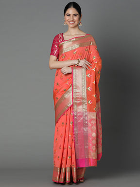 Features A Radiant Silk Blend Saree With Jacquard Ethnic Buttis All Over