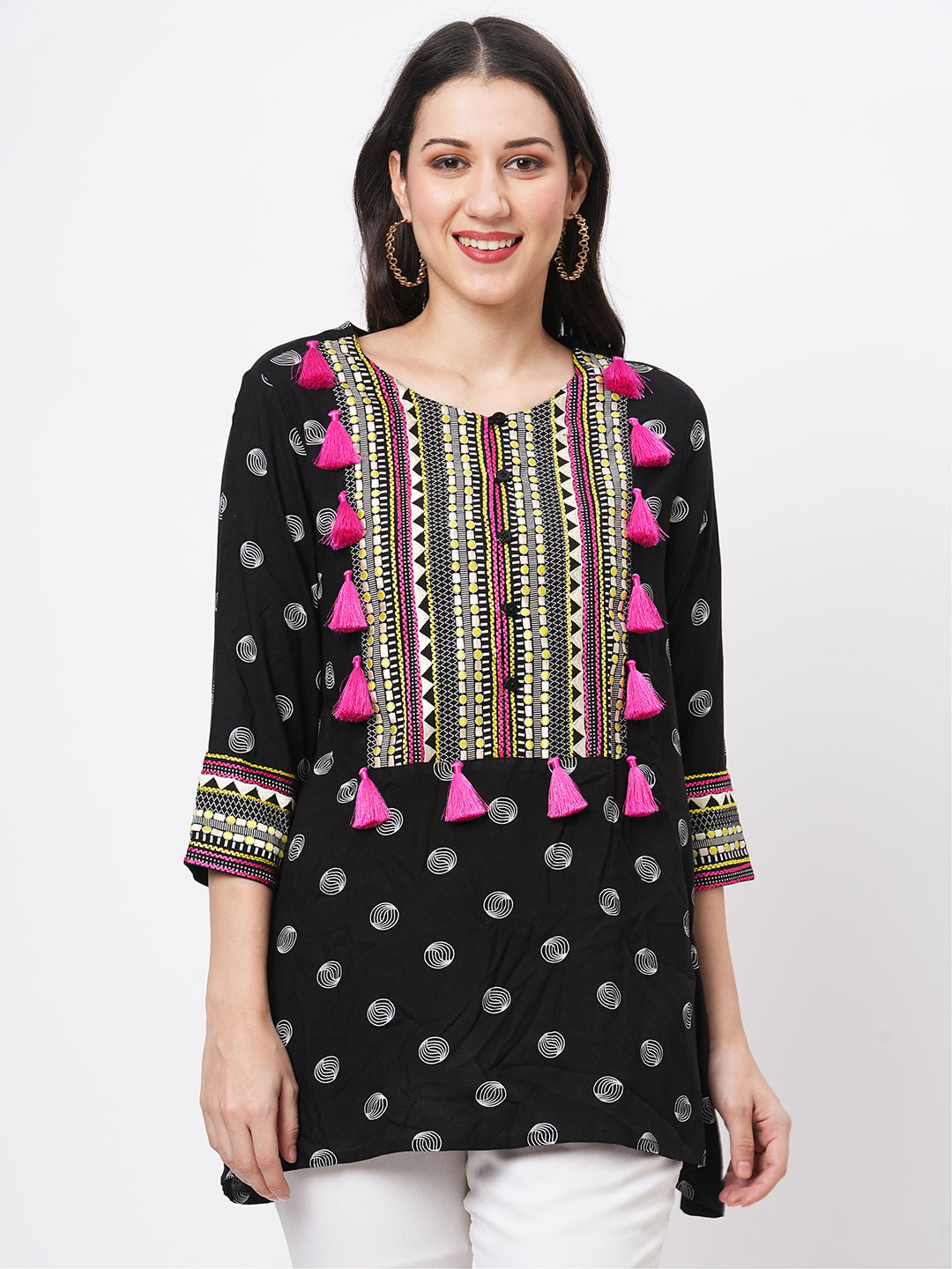 Boho-Chic Black Printed Tunic With Contrast Embroidered Linear Yoke And Fuschia Pink Tassels