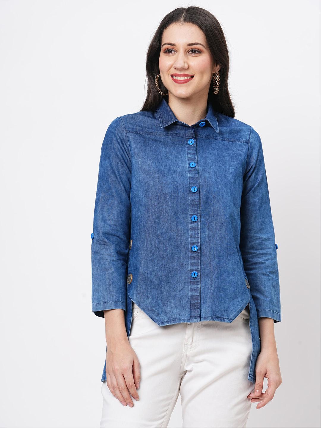 Denim Blue In Sturdy Washed Cotton Shirt With Collar And Button Down Front And High Low Hem With Embroidery At The Back