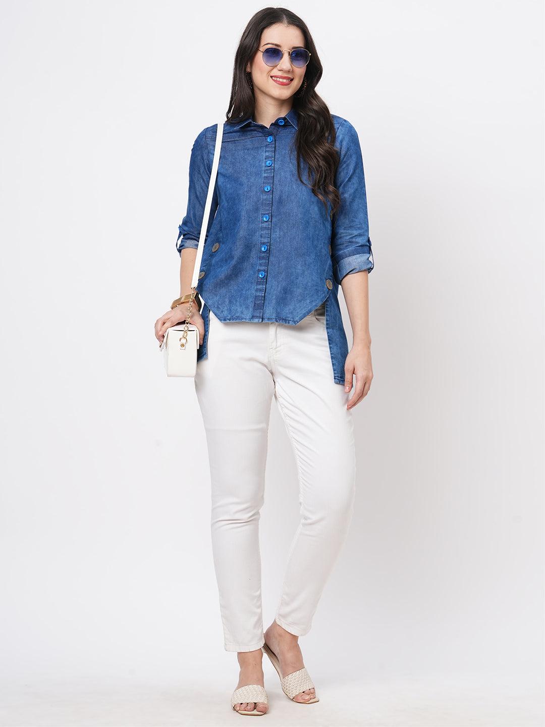 Denim Blue In Sturdy Washed Cotton Shirt With Collar And Button Down Front And High Low Hem With Embroidery At The Back