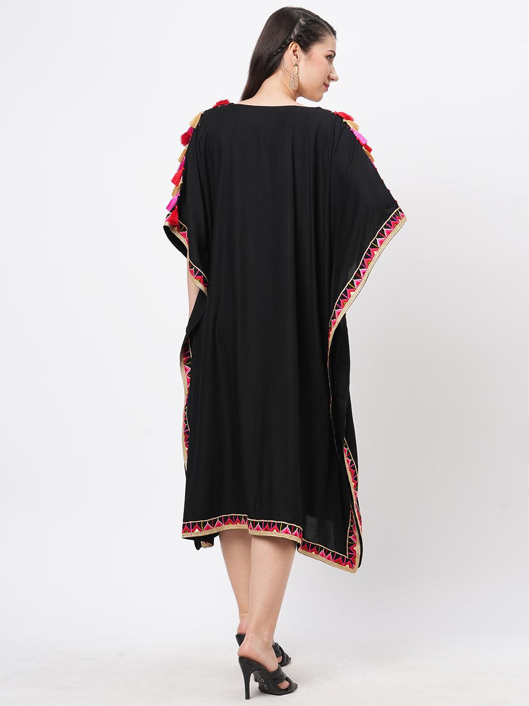 Featuring A Black Kaftan In Viscose Base With Multi Color Tassel Detailing