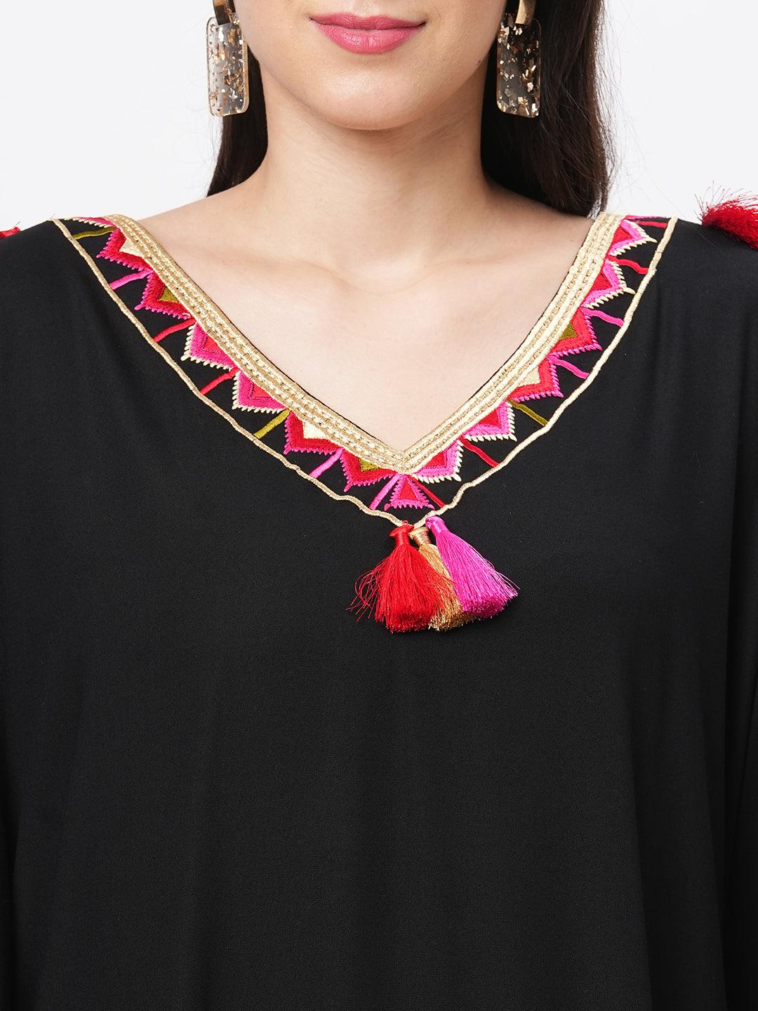 Featuring A Black Kaftan In Viscose Base With Multi Color Tassel Detailing