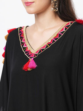 Featuring A Black Kaftan In Viscose Base With Multi Color Tassel Detailing