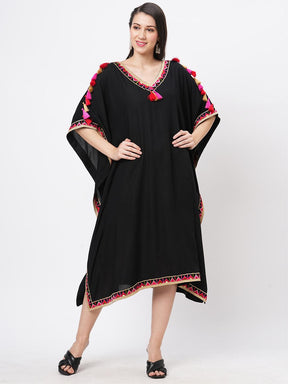 Featuring A Black Kaftan In Viscose Base With Multi Color Tassel Detailing