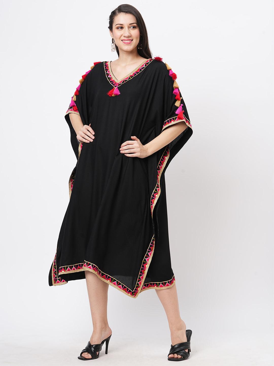 Featuring A Black Kaftan In Viscose Base With Multi Color Tassel Detailing