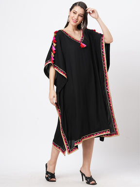 Featuring A Black Kaftan In Viscose Base With Multi Color Tassel Detailing