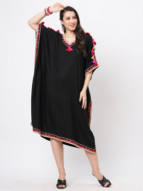 Featuring A Black Kaftan In Viscose Base With Multi Color Tassel Detailing