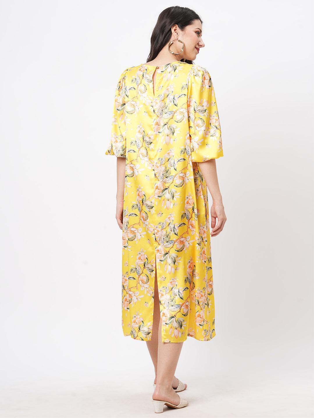 Oversized Canary Floral Print Calf Length Dress For A Date In The Evening