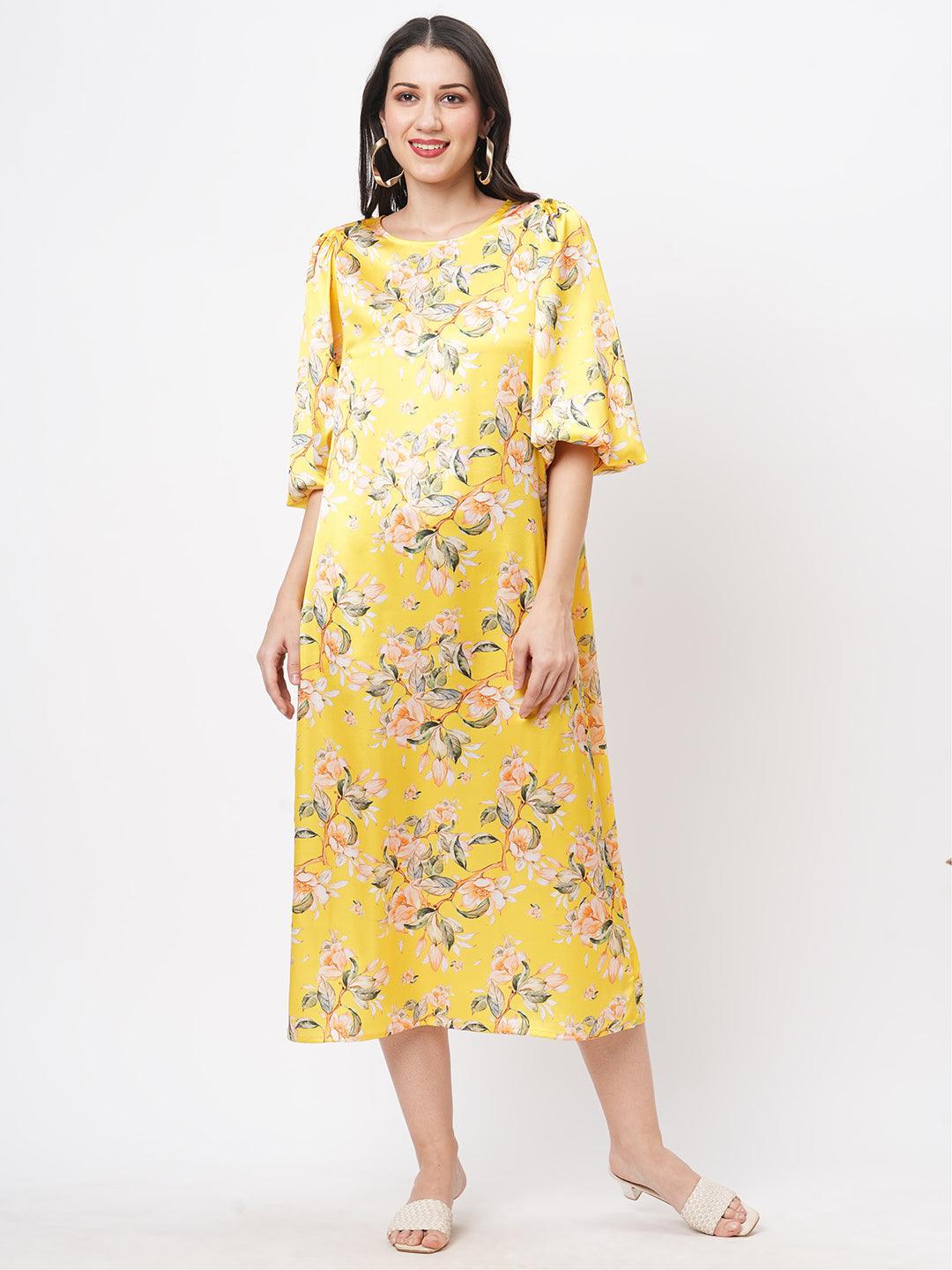 Oversized Canary Floral Print Calf Length Dress For A Date In The Evening