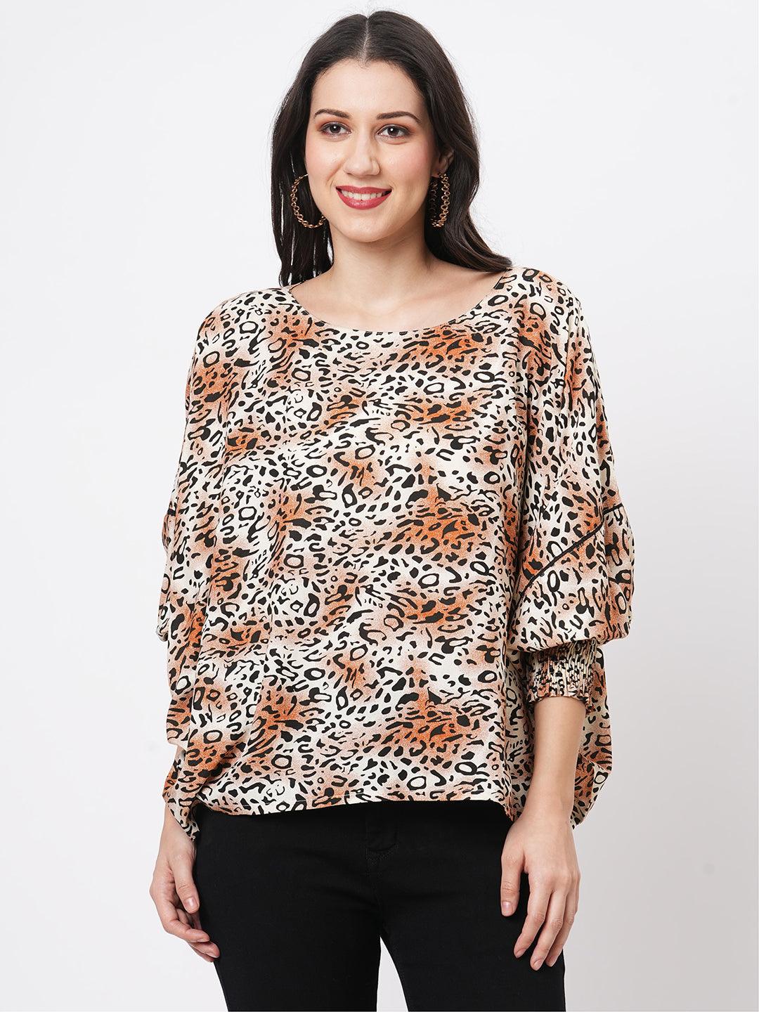 Loose Fit Animal Print Freesize Top With Smokin Details At The Cuff