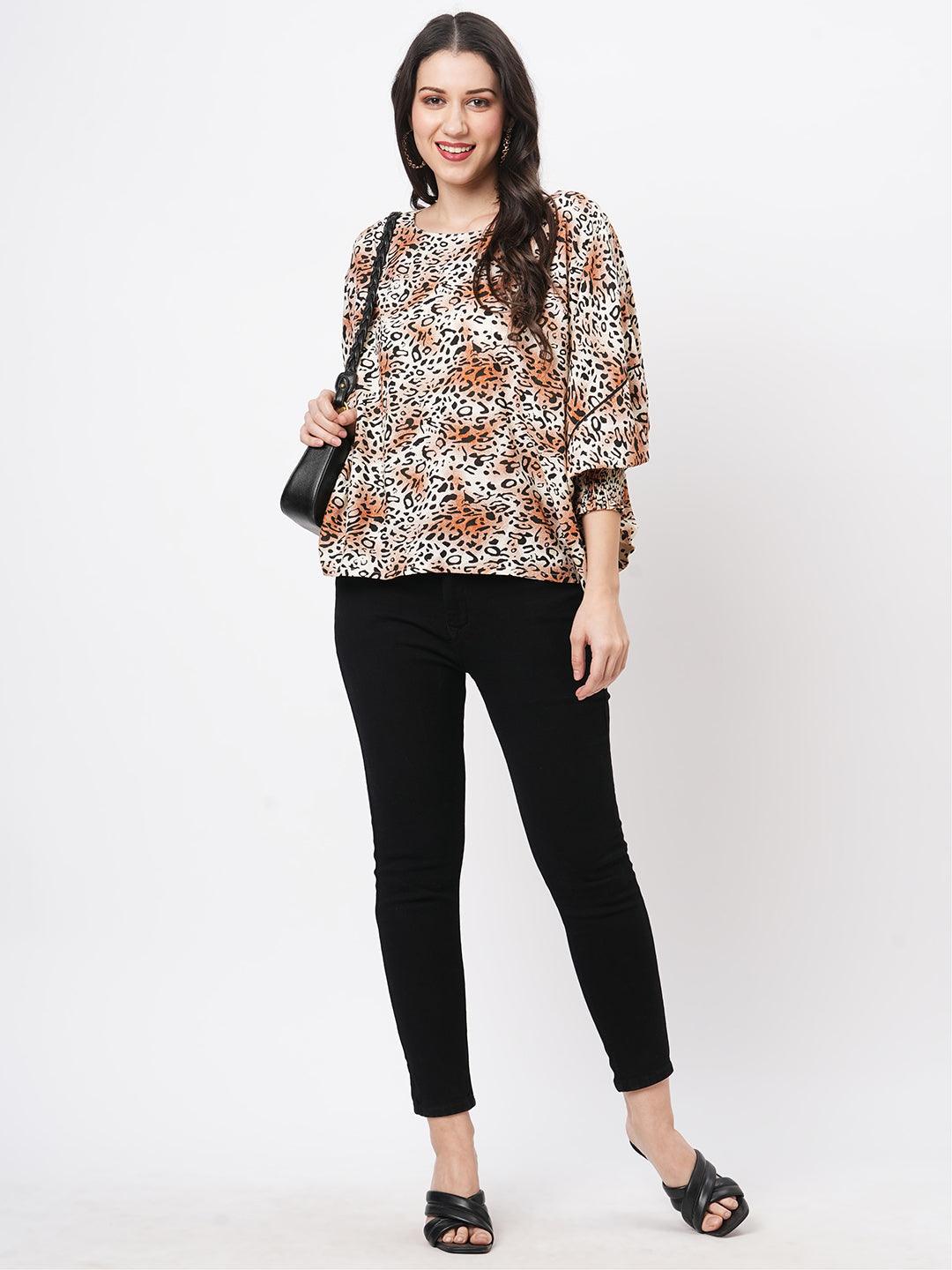 Loose Fit Animal Print Freesize Top With Smokin Details At The Cuff