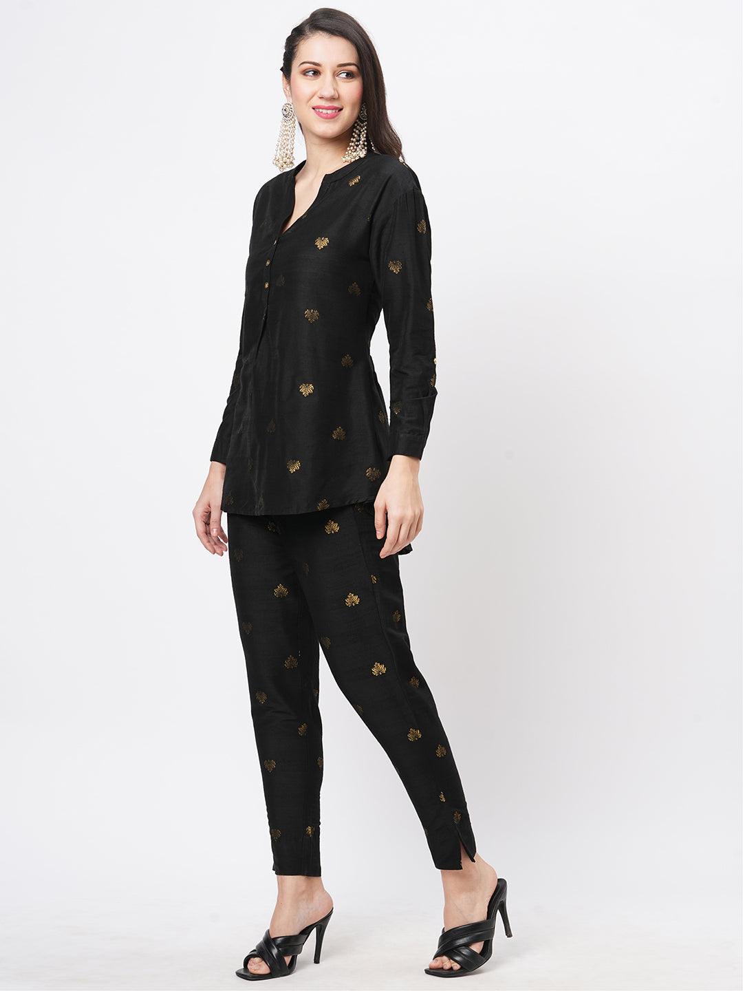 Rich Black Tunic Set With Black Butti Printed All Over