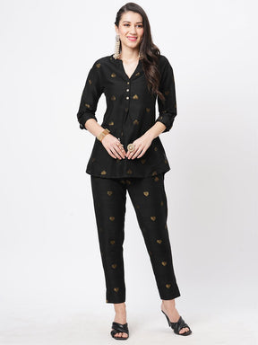 Rich Black Tunic Set With Black Butti Printed All Over