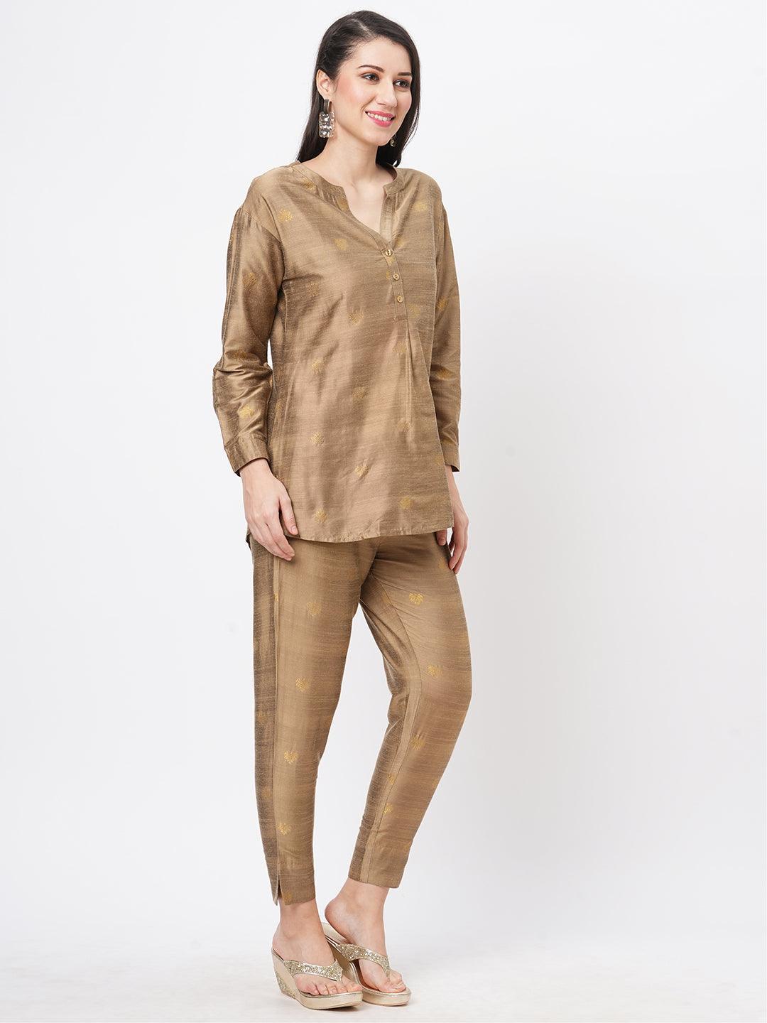 Rich Gold Tunic Set With Gold Butti Printed All Over